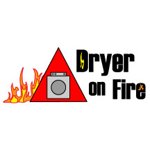 A logo that is an image of a dryer with flames coming out that says dryer on fire